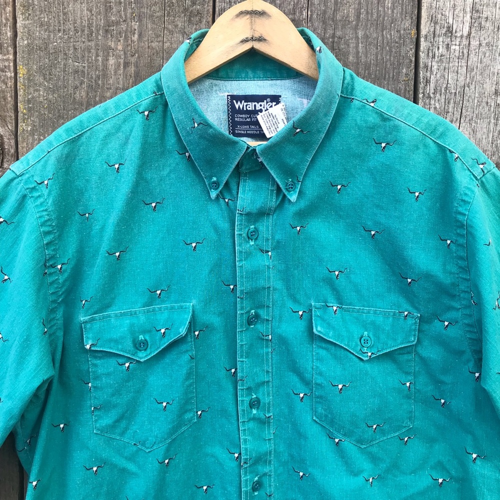 VTG 90s Wrangler USA Made Short Sleeve Western Cow Skull Print Shirt 17 - Picture 4 of 8